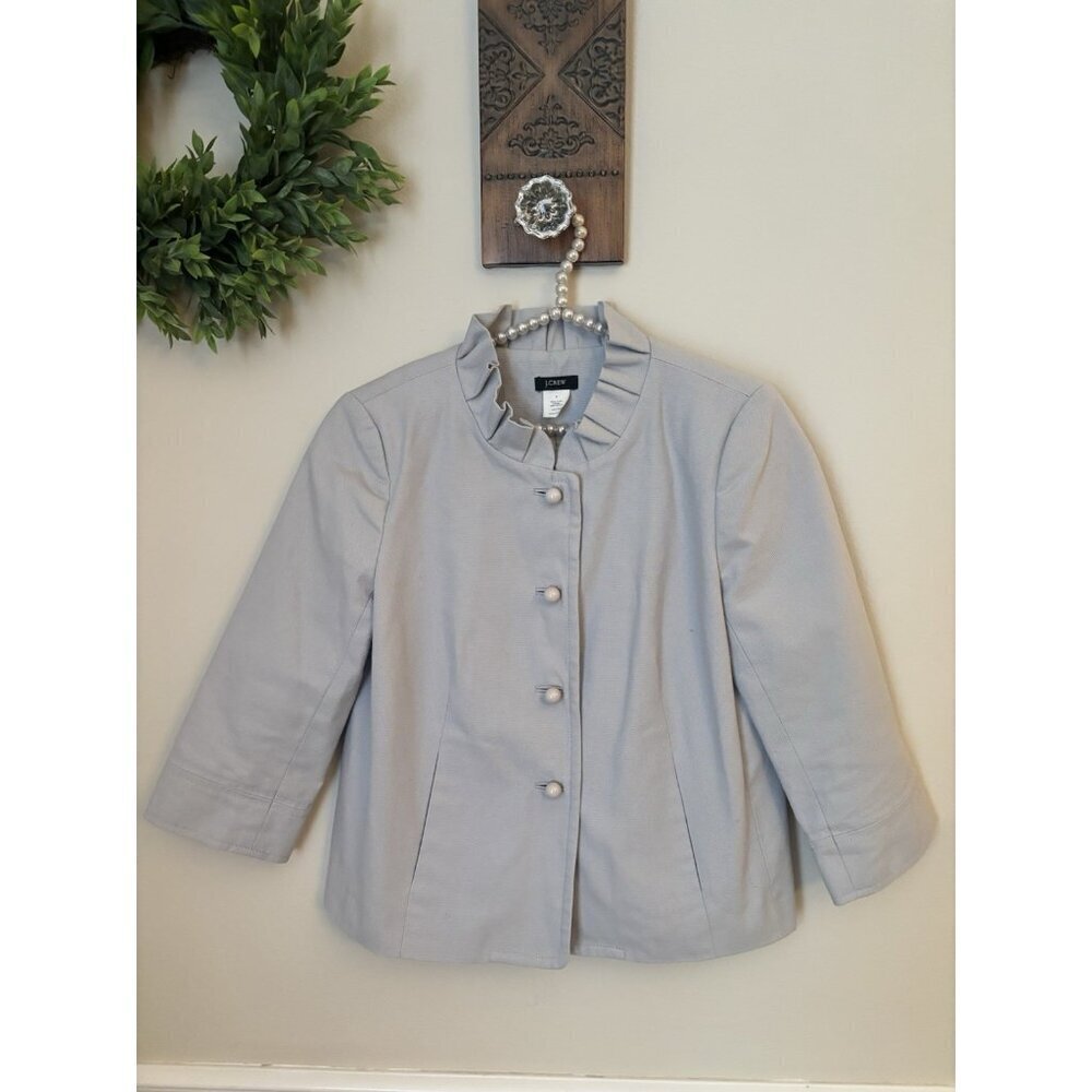 J.Crew Womens Size 4 Gray Cotton Blazer 3/4 Sleeve Button Front Ruffle Collar